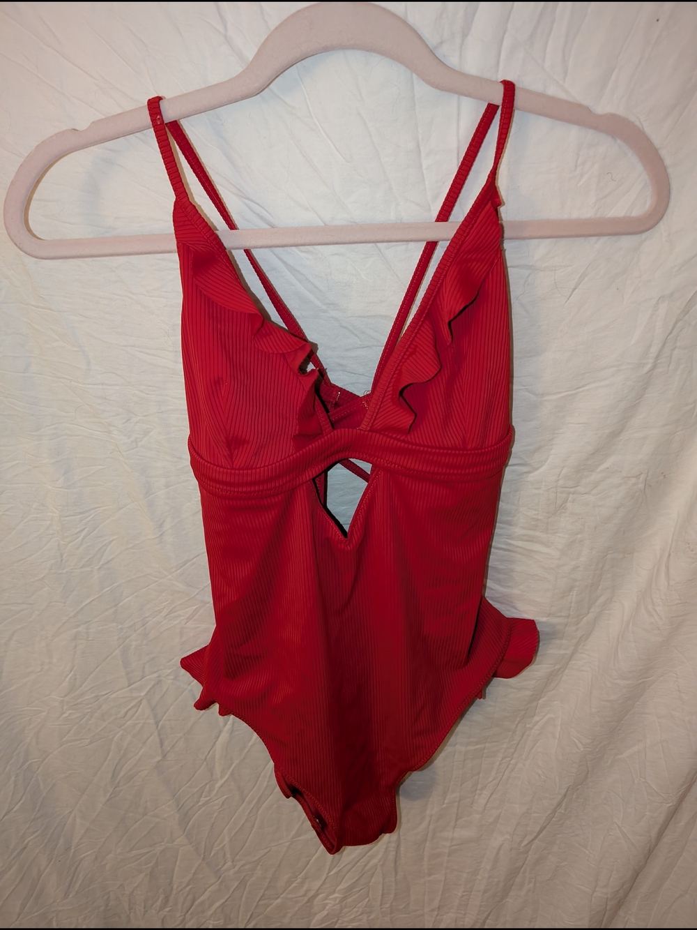 No Boundaries Red Ruffle One-Piece Swimsuit with Front Cutout